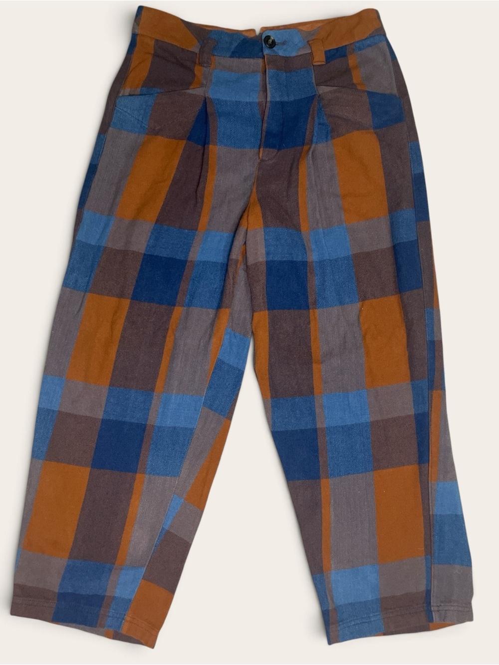 Free People Size 10 Blue Rust Plaid High Rise Cropped Cotton Pants Trouser